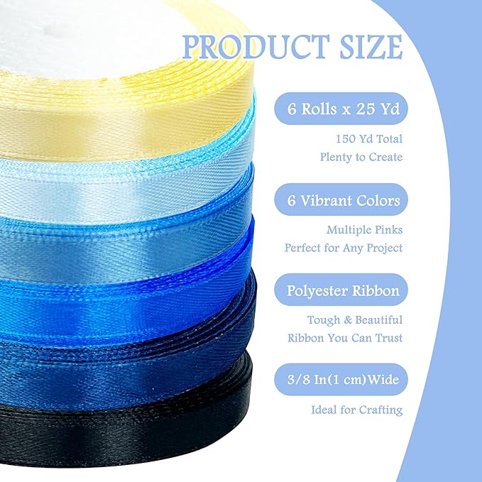 3/8" 6 Colors X 25 Yards Blue Satin Ribbon,150 Yards Assorted Blue Colors Satin Ribbons for Flower Bouquet,Ribbons for Gift Wrapping Happy Birthday Party Decorations