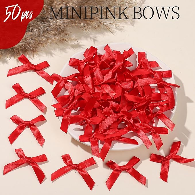 YGDZ 50 PCS Mini Red Bows, Red Satin Ribbon Bows, Small Bows for Crafts, Tiny Bow for Mother Day, Party Decorations, Balloon, Gift Box Packaging