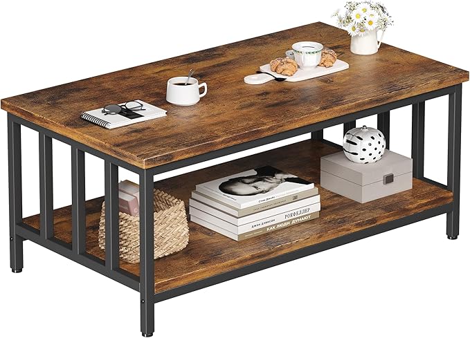 Homeiju Coffee Table for Living Room, Farmhouse Living Room Table with Slatted Sides Frame for Home Office, Apartment, 39 inch Rustic Black and Brown
