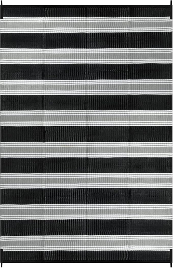 Lahome Striped Outdoor Rug Waterproof, 6x9 Reversible Outdoor Plastic Straw Rug for Camping, RV Patio Rugs Large Carpet for Porch Deck Backyard Balcony Picnic(Black/Grey,6'x 9')