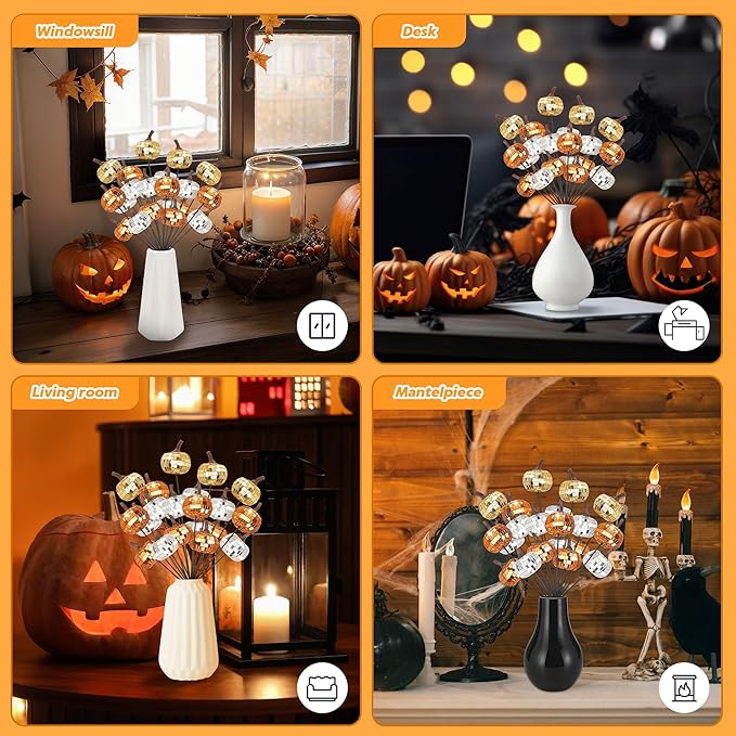 20Pcs Disco Halloween Decor, Disco Pumpkin Table Decoration, 14 Inch Artificial Glitter Mirror Pumpkin Sticks Ornament Halloween Thanksgiving Branches for Table Centerpiece Party Decor