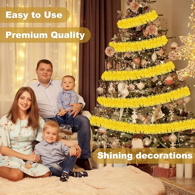25 Feet Macaron Yellow Christmas Tinsel Garland, Metallic Foil Twist Banner Wall Hanging Tinsel Streamers Backdrop for Parade Floats, Christmas, Mother's Day, Birthday Party Decorations(4in x 25ft)