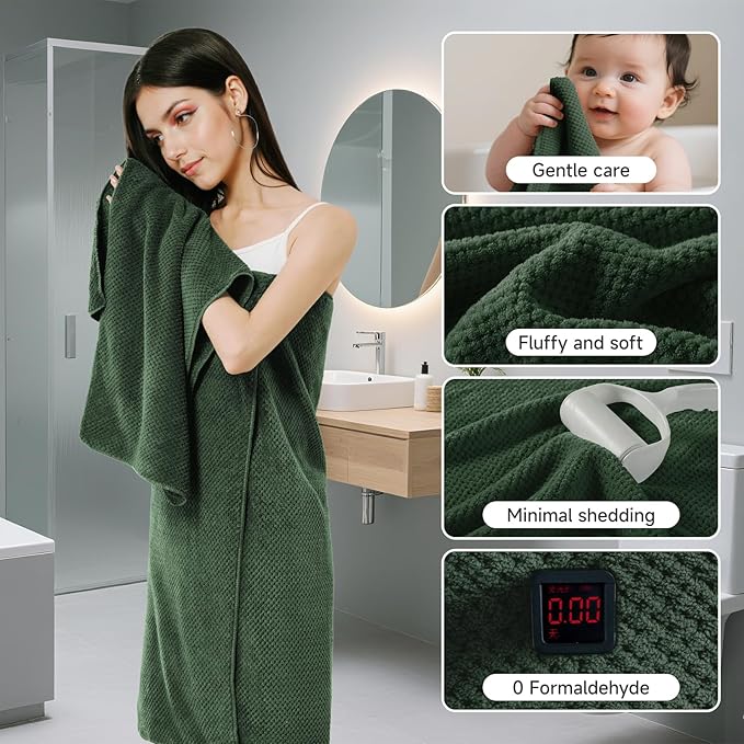 REDKISS 6-Piece Bath Towel Set - 2 Washcloths, 2 Hand Towels, 2 Bath Towels | Ultra-Fiber Coral Fleece, Super Absorbent, No Lint & No Fading | Perfect for Bathroom, Spa, Gym | Family -Olive Green
