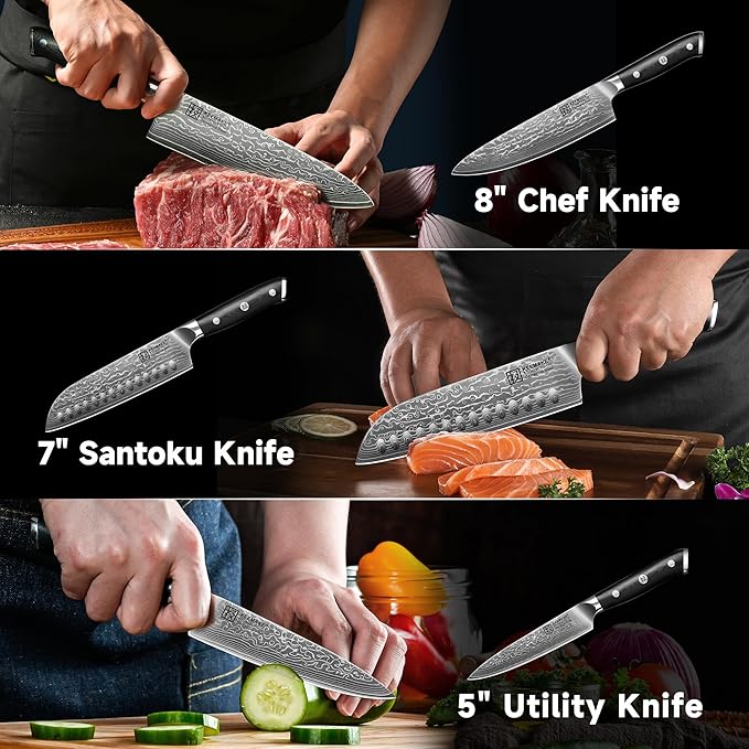 KEEMAKE Damascus Kitchen Knife Set 3 PCS, Sharp Knives Set for Kitchen, 67 Layers Damascus Chef Knives, Japanese Knife Sets with Full Tang Ergonomic Handle, Kitchen Knives for Meat Vegetable