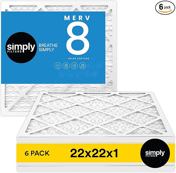 Simply 22x22x1 Air Filter, Merv 8, 6 Pack, Furnace Air Filter for HVAC (Actual Size: 21.75"x21.75"x0.75") DUST, Pet, & Allergy Control