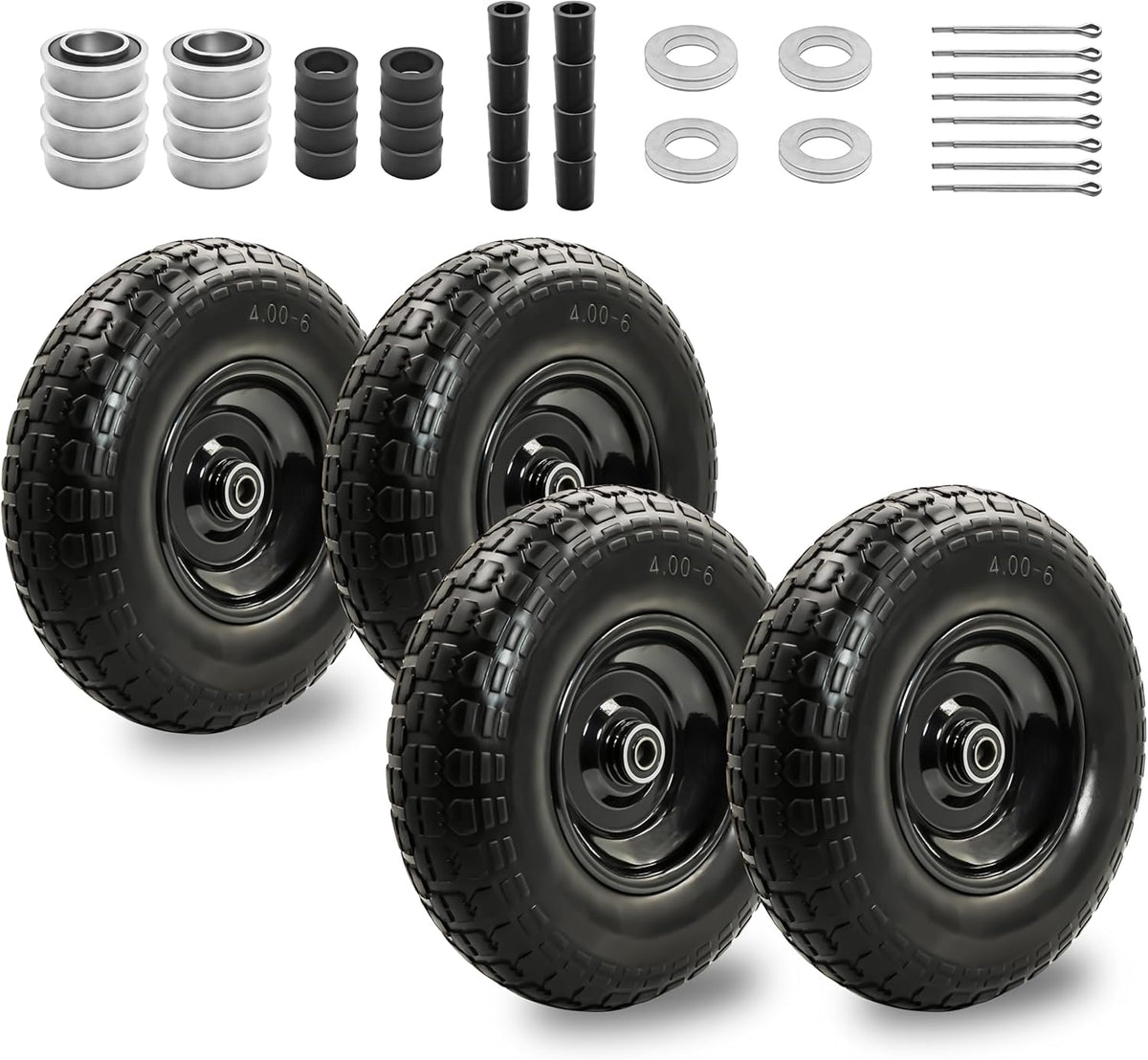 4PC 4.00-6 Flat-Free Tires and Wheels,13" Rubber Solid Tire, with 5/8" & 3/4" Bearing, 1.8"-5.8" Centered Hub Length, 4.00-6 tire and wheel Fit for Gorilla Cart, Garden Cart/Hand Truck/Wheelbarrow etc