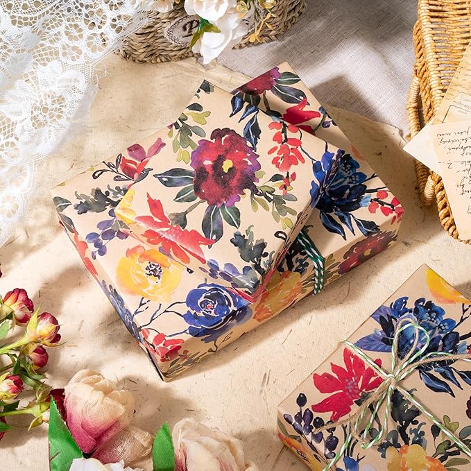 RUSPEPA Watercolor Floral Gift Wrapping Paper - Mini Roll - Kraft Paper Roll for Girls, Women, Bridal Shower and Birthday - 17 Inches x 16. 4 Feet