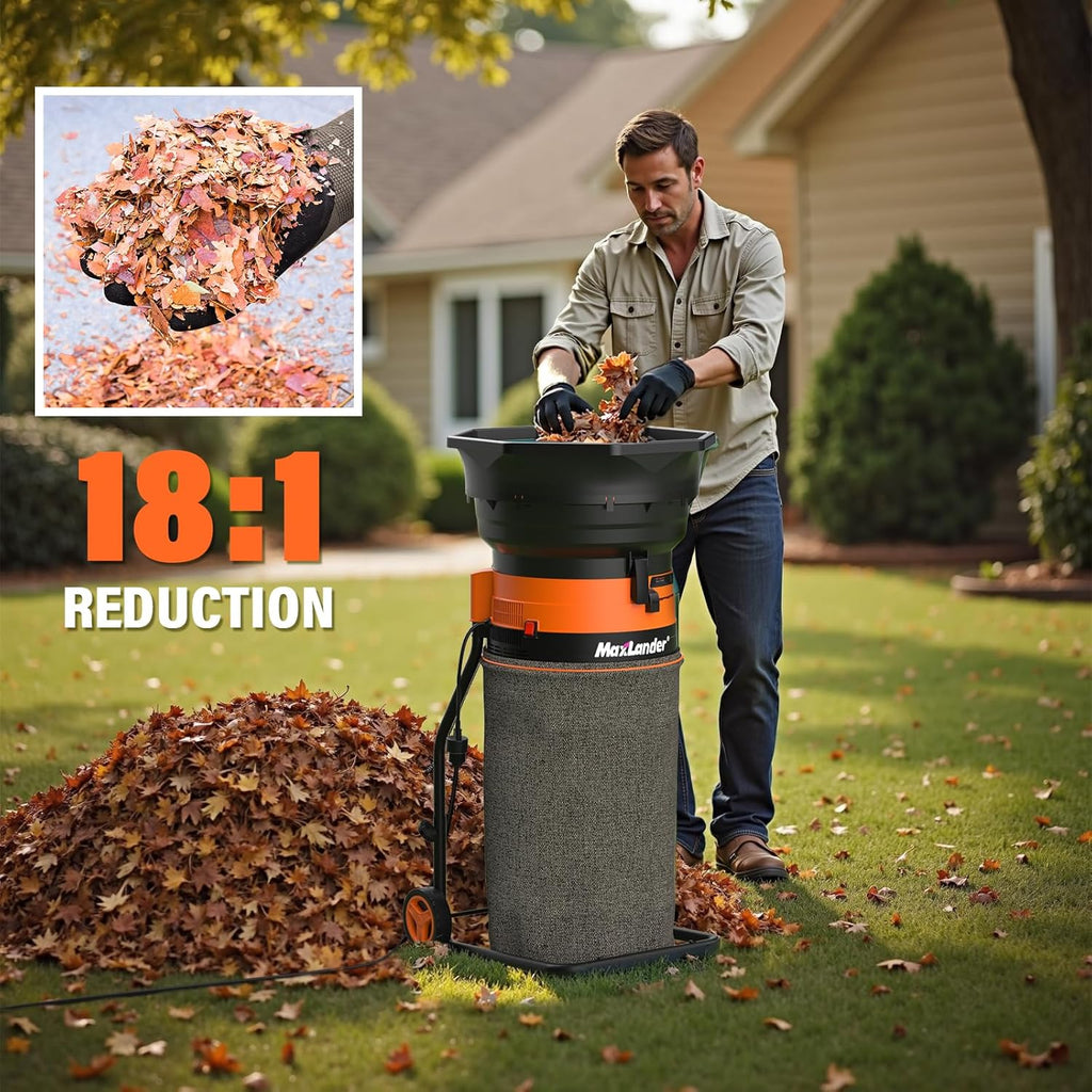 MAXLANDER Electric Leaf Mulcher/Shredder, 15 Amp 8400 RPM, 18:1 Ratio, Adjustable Dial, with Goggles, Leaf Scoops/Gloves, 20 Cutting Lines-Portable Garden/Yard Grinder & Chipper for Wet/Dry Leaves