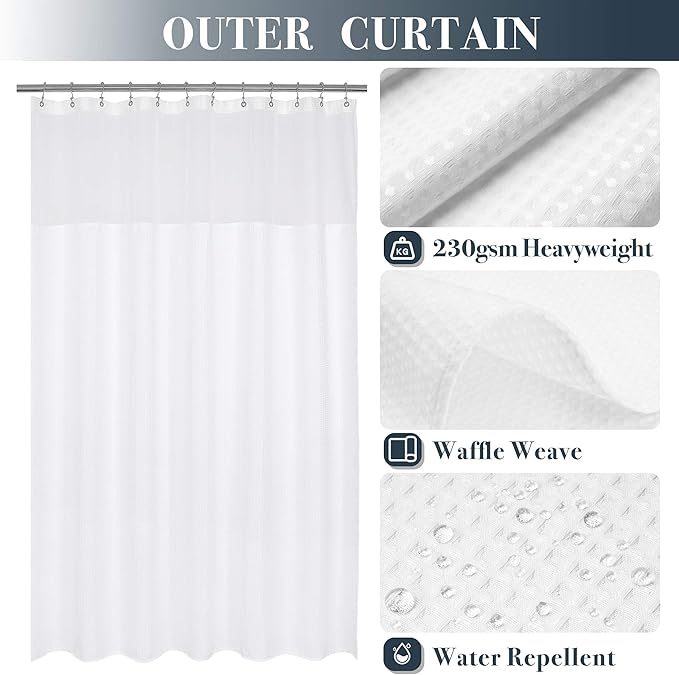 N&Y HOME Long Waffle Weave Shower Curtain with Snap-in Fabric Liner and 12 Hooks Set - 71" x 78", Hotel Style & Mesh Top Window, Machine Washable, Water Repellent - 71x78, White