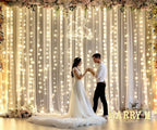 Champagne Tulle Photo Backdrop Curtain with Lights String for Parties Wedding Bridal Shower Sheer Champagne Curtain Backdrop for Birthday Party Baby Shower Photo Booth Photography 20ft x 10ft