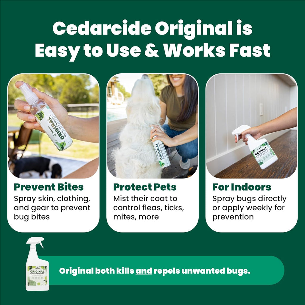 Cedarcide Original: Eco-Friendly Bug Spray - Repel & Kill Fleas, Ticks, Mosquitoes, Mites, Ants & Chiggers - for use on People, Pets & Home - Natural Cedar Oil - Pint