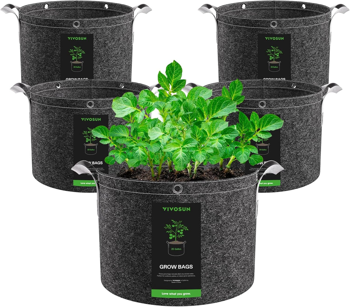 VIVOSUN 5-Pack 25 Gallon Grow Bags, 500G Thick Nonwoven Fabric Pots with Strap Handles, Multi-Purpose Rings, for Low Stress Plant Training Fruits, Vegetables, and Flowers