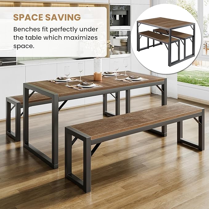 SHA CERLIN Kitchen Dining Table Set for 4 with Benches, Rustic Small Space Saving Dinette, Heavy Duty Metal Frame