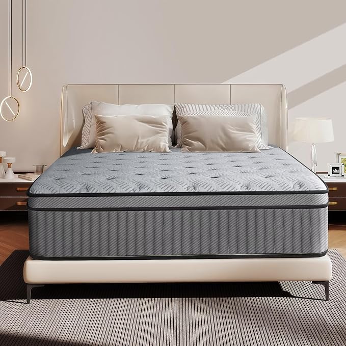 Queen Mattress 12 Inch, Medium Firm Hybrid Mattress with Lumbar-Zoned Foam and Pocket Springs for Motion Isolation and Edge Support