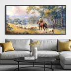 JEAWA Large Framed Canvas Painting - Western Shepherding Landscape Wall Decor, Picture with Trees, sheeps and Fine Horse, Shepherd Art Prints for Bedroom Living Room Home Decoration, 29x58 IN