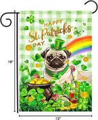 Pug St Patricks Day Garden Flag Dog St Patrick's Day Yard Flags for Outside 12x18 Double Sided Buffalo Plaid Shamrock Flag Small Outdoor Rainbow St Patrick's Decor