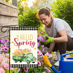 Hello Spring Flags for Outside,Buffalo Plaid Floral Truck Garden Flag for Yard Patio Lawn Decoration,12x18 Inch Double Sided