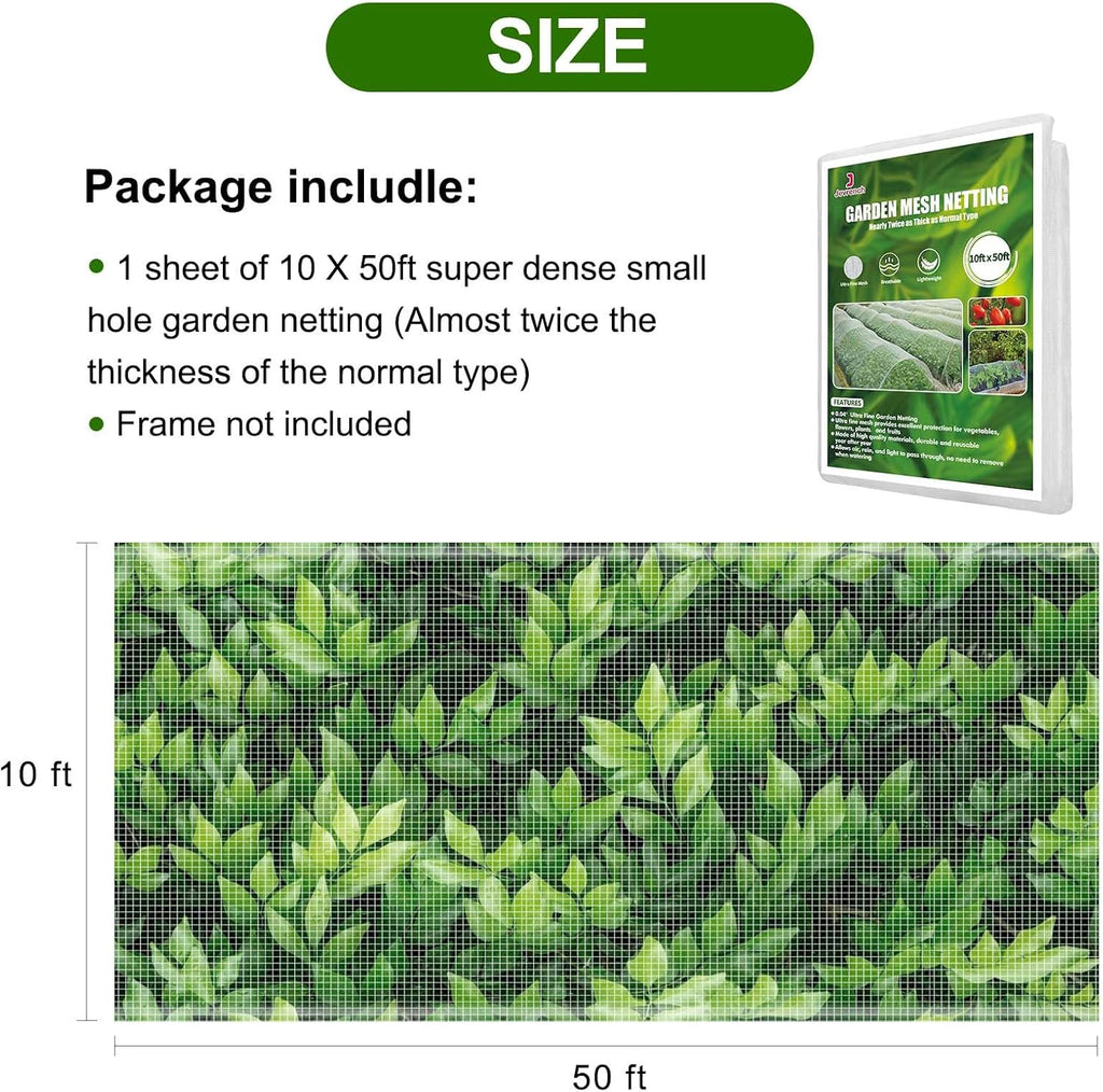 Garden Netting, Jevrench Durable Ultra Fine Garden Netting, Garden Plant Cover Row Cover Makes Plants, Vegetables, Fruits, and Flowers Grow Better (10ft x 50ft)