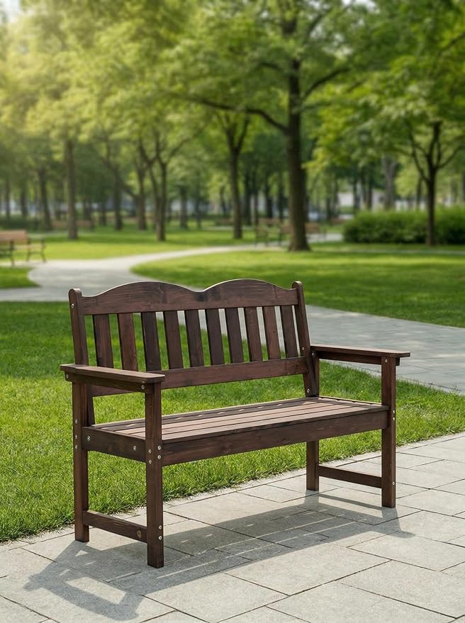 GarveeLife 2-Person Poly Lumber Garden Bench, Slatted Patio Loveseat, Weather-Resistant Outdoor Seating for Yard, Garden, Porch, Park or Backyard, Brown