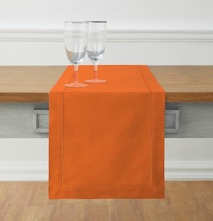 Solino Home Cotton Linen Pumpkin Table Runner 72 Inches Long - Hemstitch Table Runner 14 x 72 Inch for Dresser, Dining, Fall, Autumn, Halloween, Thanksgiving, Holiday