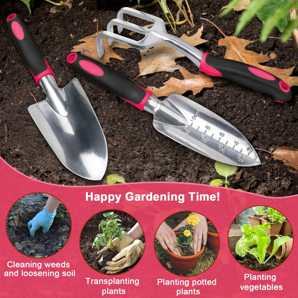 Garden Tools Set, 3 Pack Heavy Duty Gardening Tools Set Include Garden Shovel, Transplant Trowel and Hand Rake with Ergonomic Handle, Aluminum Alloy Lawn for Planting Tools, Red