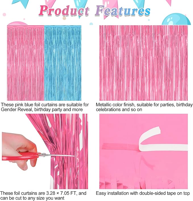 2 Pack Gender Reveal Decorations, 3.28 FT x 7.05 FT Pink and Blue Fringe Backdrop, Metallic Boy or Girl Foil Fringe Curtains Tinsel Backdrop Party Streamers, Birthday Party Decor Photo Booth Props