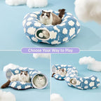Lesure Cat Tunnel Bed for Indoor Cats - Cute Cat Donut Tunnel Toys for Small Large Cats with Washable Circle Cushion, Round Pet Peekaboo Cave Toy for Kitten/Puppy/Rabbit, Standard Cozy Clouds Blue