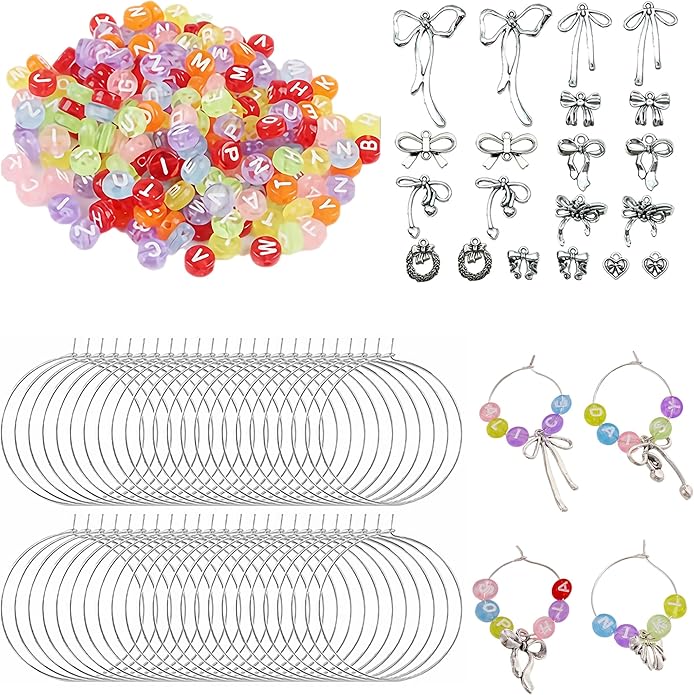 50 Sets Wine Glass Charms, Wine Charms for Stem Glasses, DIY Reusable Drink Markers for Weddings & Bachelorette with Alphabet Beads