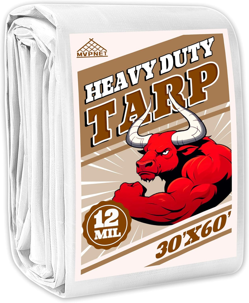 Tarp 30x60 ft Heavy Duty 12mil 100% Waterproof High Durability Multipurpose,Uv Resistant,White Tarp Suitable for Swimming Pools, Boats, Camping, Courtyards, Etc -by MVPNET