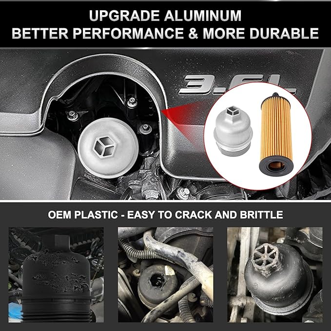 Upgrade Aluminum Engine Oil Filter Housing Cap with Oil Filter Compatible with Jeep Wrangler Chrysler 200 300 Dodge Charger Challenger Ram 1500 ProMaster Replace# 917-190 68191349AA (W/O BYPASS STYLE)