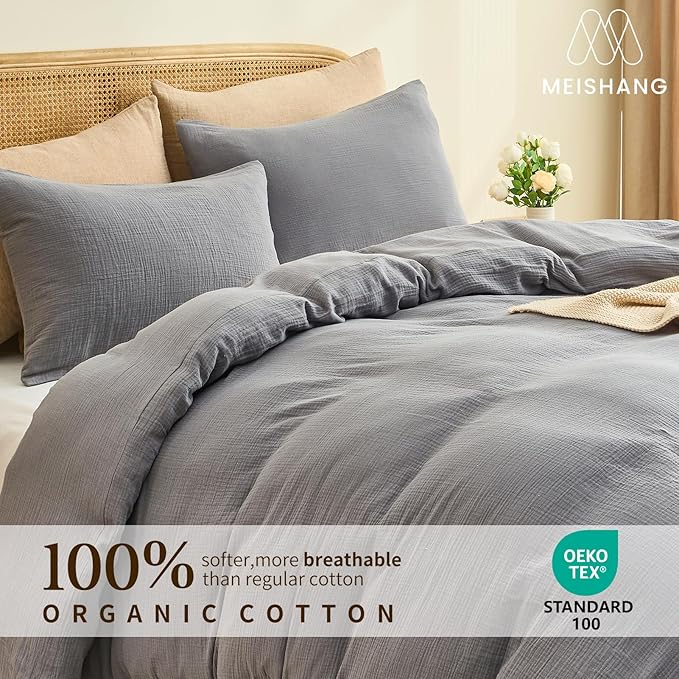 MEISHANG Muslin Duvet Cover King Size - 100% Organic Cotton, Soft Textured Gauze Weave Comforter Cover for Breathable All-Season with Zipper Closure - 3 Piece Set (King, Dark Grey)
