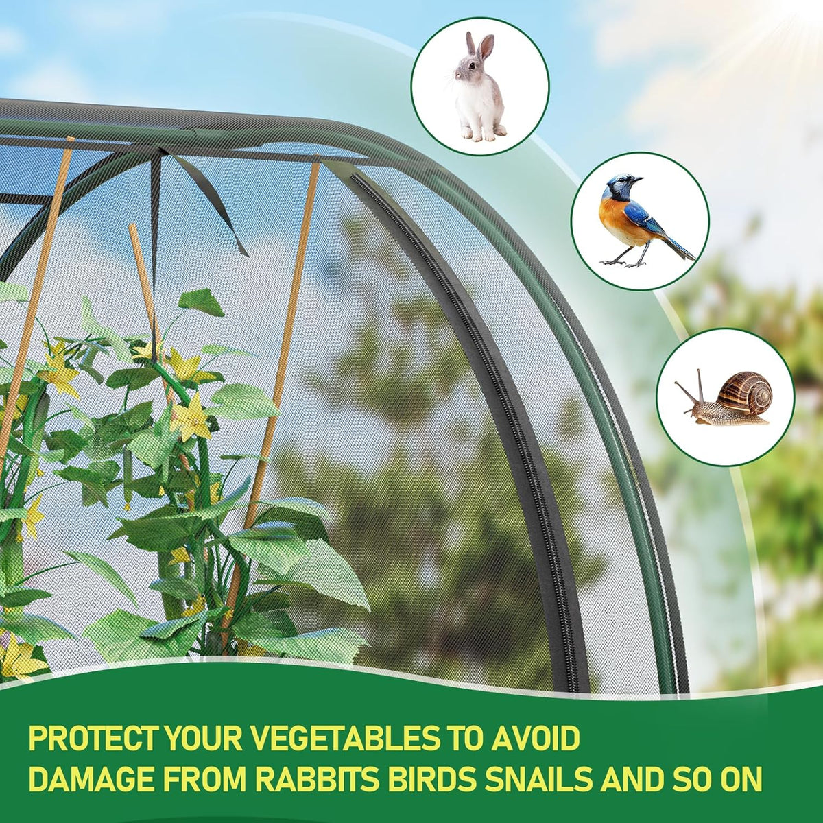 SPECILITE 98x49x49in Garden Plant Netting Mesh Cover for Raised Bed with Roll-up Zipper Door for Vegetables Fruits, Large Tunnel Gardening Net, Black
