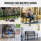 VEVOR Outdoor Bench, 46" Iron Steel Frame Garden Park Bench with Mesh Pattern and Plastic Backrest Armrests, Patio Bench for Garden, Park, Yard, Front Porch