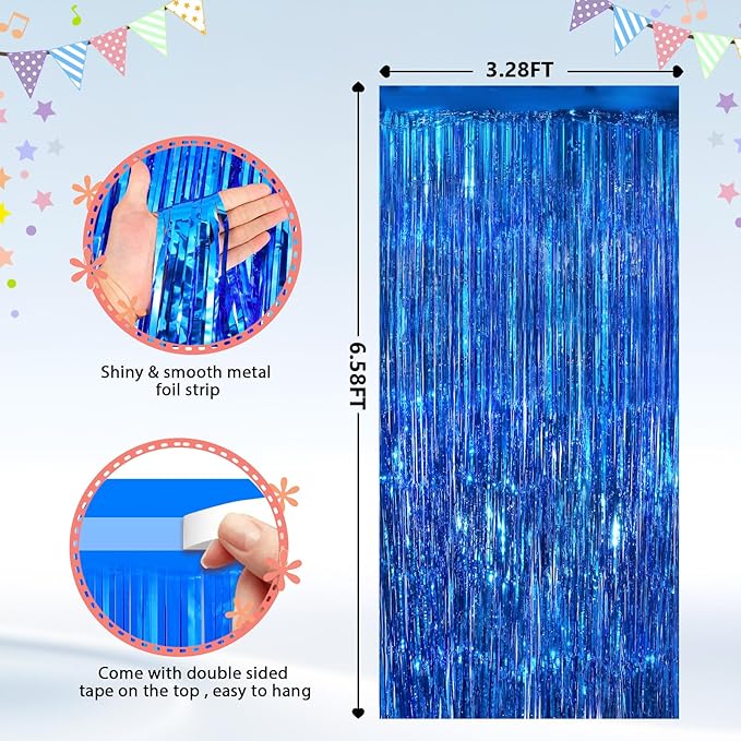 2Pack Blue Tinsel Backdrop Streamers, GCB Party Streamers Backdrop Foil Fringe Curtains for Wedding Birthdays Bachelorette Bridal Baby Shower, Graduation, Engagement Decors, Gender Reveal, Disco Party