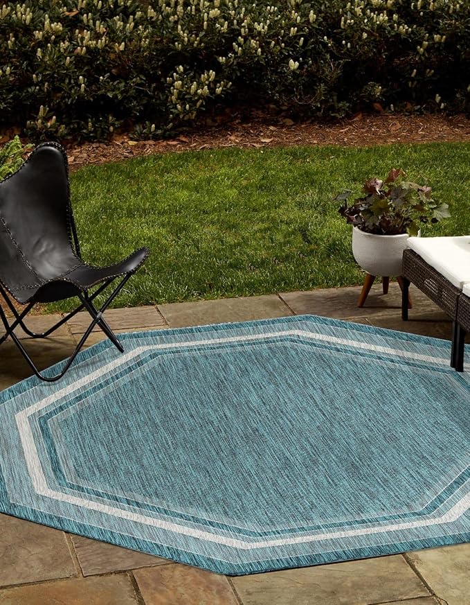 Unique Loom Outdoor Border Collection Area Rug - Soft Border (5' 1" Octagon, Teal/ Ivory)