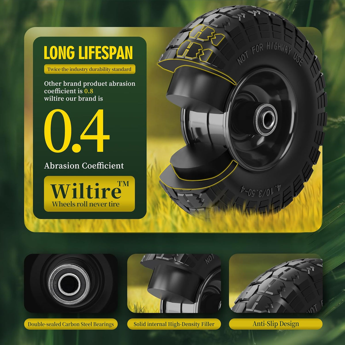 (2 Pack) 4.10/3.50-4 Flat Free Tire and Wheel 10-Inch Solid Wheel Replacement with 5/8 Bearings,2.2" Offset Hub -Compatible with Hand Truck,Wheelbarrow(Black)