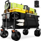 Navatiee Big Wheels Collapsible Wagon Cart Foldable, Heavy Duty Beach Wagon with Silent All-Terrain Wheels, Folding Utility Grocery Cart with Side Pocket and Brakes for Camping Garden Sports, Black