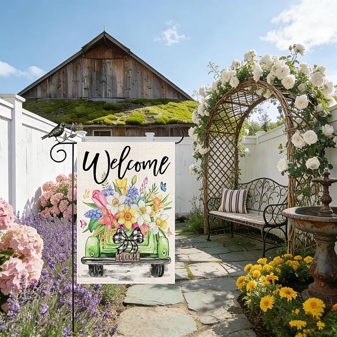 GEEORY Butterfly & Daffodil Hyacinths Floral Truck Welcome Garden Flag 12x18 Inch, Double Sided Spring Summer Decor, Farmhouse Rustic Outdoor Flag Outside Yard Lawn Decoration
