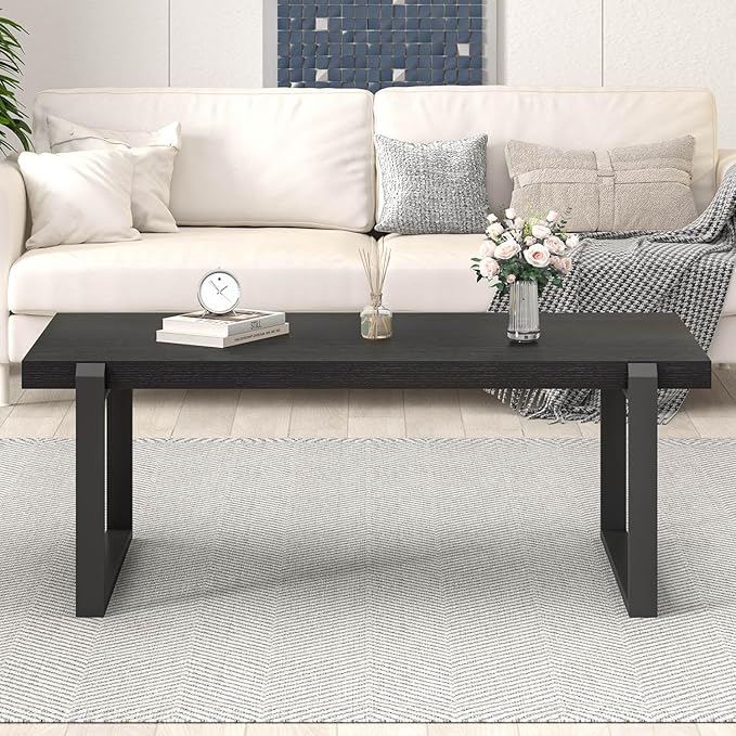 EXCEFUR Modern Black Coffee Table, Industrial Wooden and Metal Center Table for Living Room, Rectangle Cocktail Tea Table, Black Oak, 44 Inch
