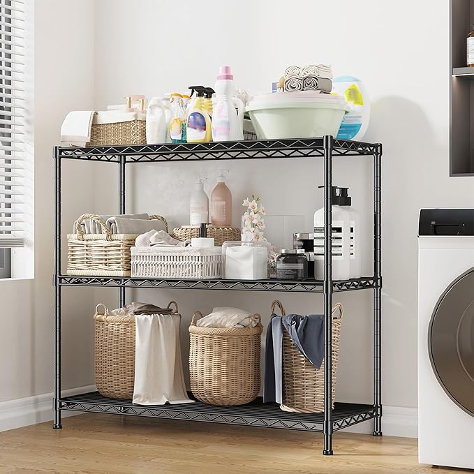 3- Shelf Metal Shelving Unit Adjustable Storage Shelves Heavy Duty Garage Shelving Steel Wire Shelving for Laundry Bathroom Kitchen Pantry Closet Garage Black, 35.6Wx14Dx36H