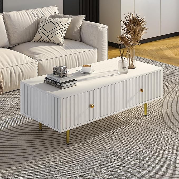 Modern Coffee Table with Storage with 2 Big Drawers, White Rectangle Coffee Table for Living Room, Wooden Fluted Table Accent Tea Table for Living Room Apartment Small Space