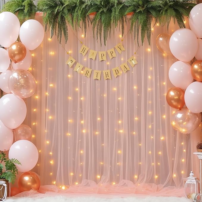 10×10ft Peach Tulle Backdrop Curtain with Lights String for Parties, Sheer Photo Curtain Backdrop Drapes for Wedding Party Photography Backgrounds