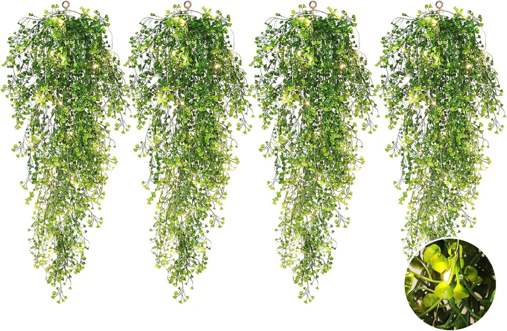 RECUTMS Pack of 4 Ferns Artificial Plants Large Artificial Hanging Plants Faux Ivy Vine Fake Greenery Wall Plants with LED Lights for Room Garden Patio Porch Bathroom Kitchen Decor (Green)