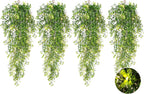 RECUTMS Pack of 4 Ferns Artificial Plants Large Artificial Hanging Plants Faux Ivy Vine Fake Greenery Wall Plants with LED Lights for Room Garden Patio Porch Bathroom Kitchen Decor (Green)