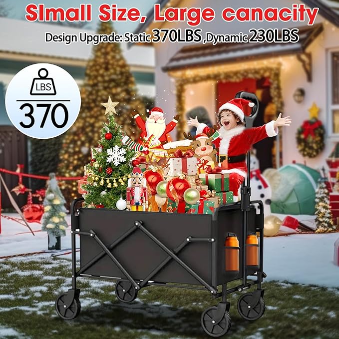 Collapsible Wagon with Wheels, 370lbs Weight Capacity Foldable Beach Wagon with Flexible Handle Portable Utility Wagon Cart for Outdoor, Grocery, Garden, Camping