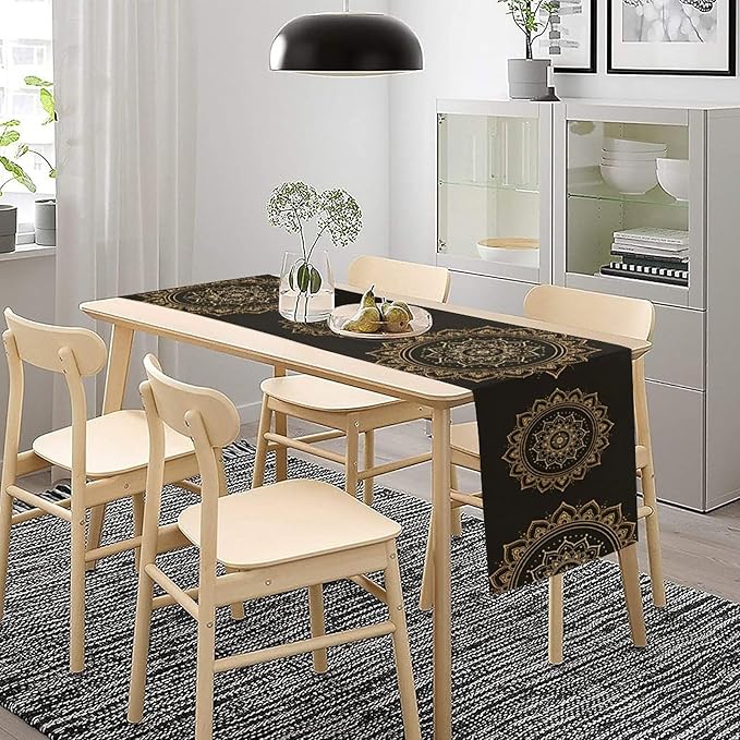 Golden Mandala Table Runner, Traditional Indian Gold Black Flower Vintage Luxury Bohemian Mandala Table Runner for Home Kitchen Dinning Table Indoor Outdoor Holiday, 13x36inch