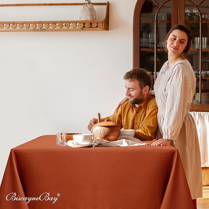 Biscaynebay Fall Tablecloth Textured Fabric Square Tablecloths 54x54 Inch, Rust Thanksgiving Autumn Harvest Water Resistant Fabric Tablecloths for Kitchen, Dining, Wedding, Parties Machine Washable