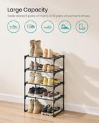 SONGMICS Shoe Rack, 4-Tier Shoe Organizer, Metal Storage Shelf, Upright or Upside Down, for 5-10 Pairs, Stackable, for Entryway, 11.8 x 16.7 x 28.2 Inches, Black ULSA004B01