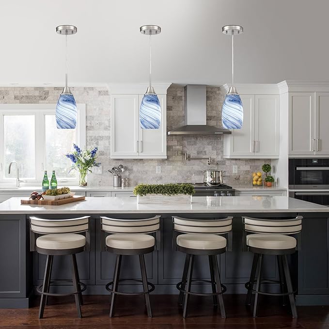 Mini Glass Pendant Light 1Pack Dark Blue Marble Art Glass Pendant Lights Kitchen Island Brushed Nickel Finish Hanging Light for Kitchen Over Sink,Dining Room,Foyer,Hallway