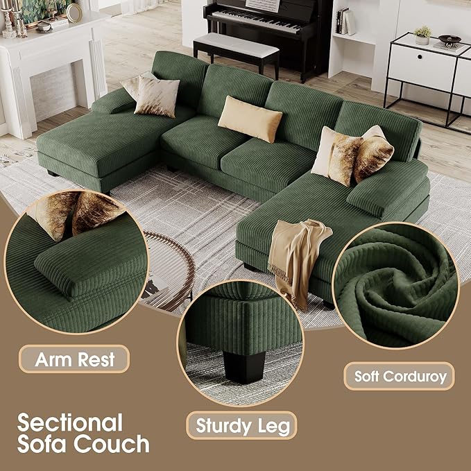 Furmax Sectional Couches for Living Room, U-Shaped Sofa Couch with Linen Fabric, 4 Seat Sofa Set with Double Chaise for Apartment (Corduroy, Dark Green)